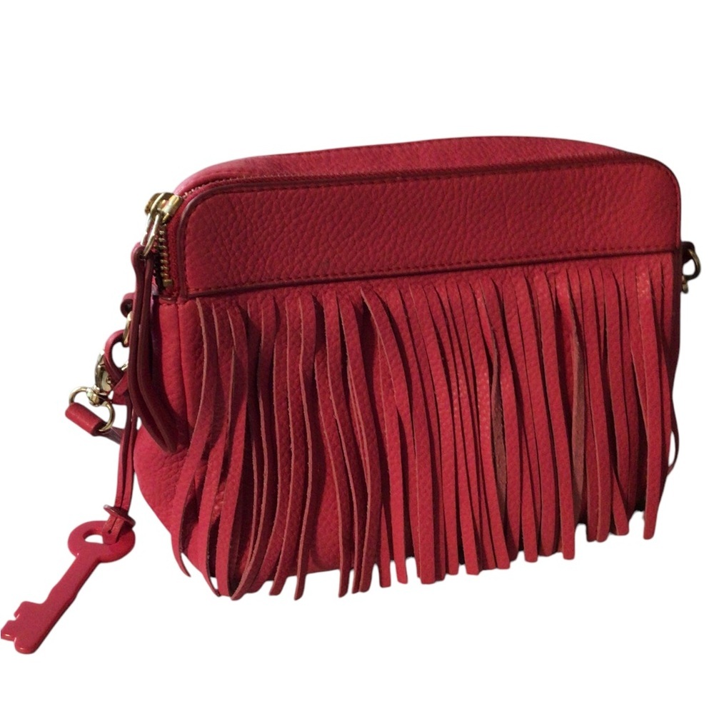 Fossil Sydney Crossbody Bag Purse Fringe Hot Pink 2 Zipped Compartments